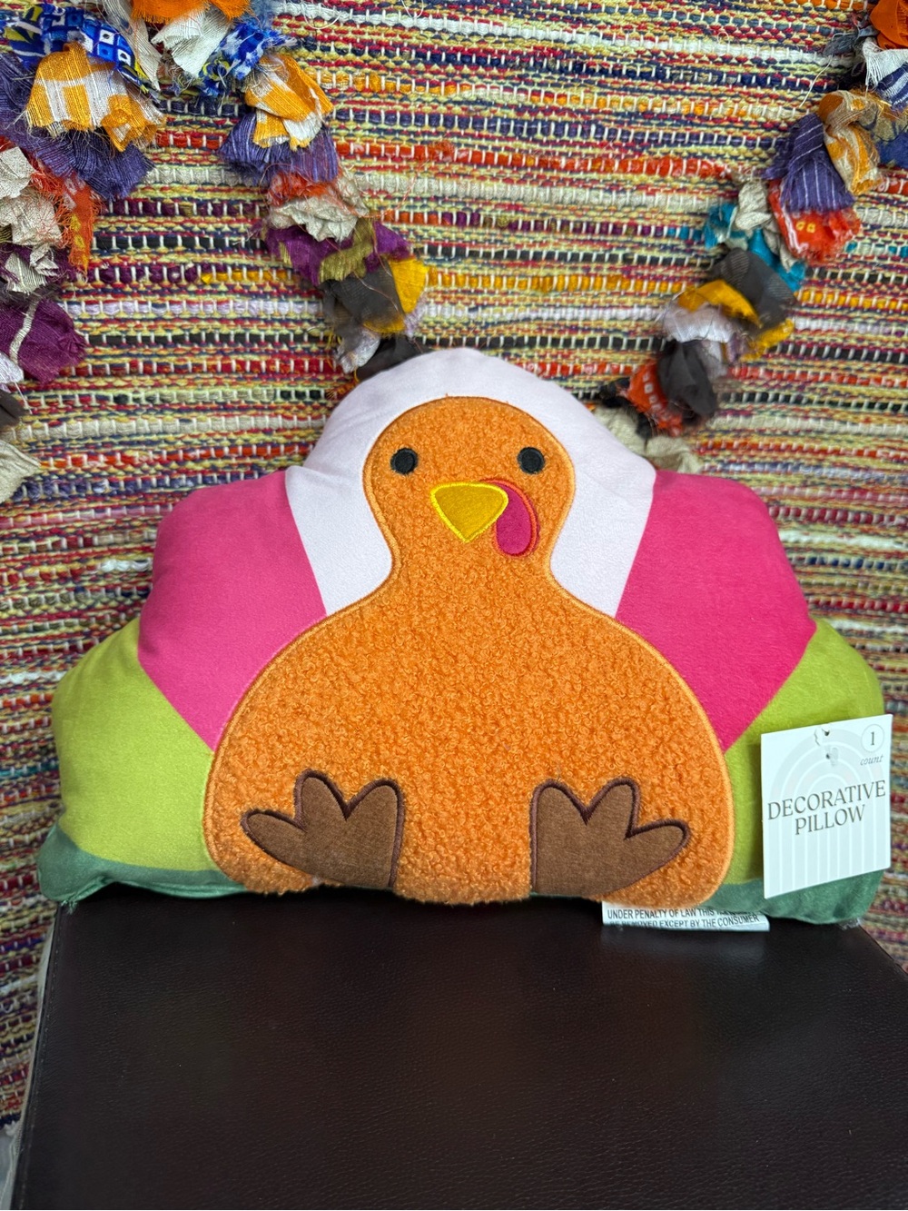 Turkey-Shaped Decorative Pillow - Pink, Orange & Green NWT
